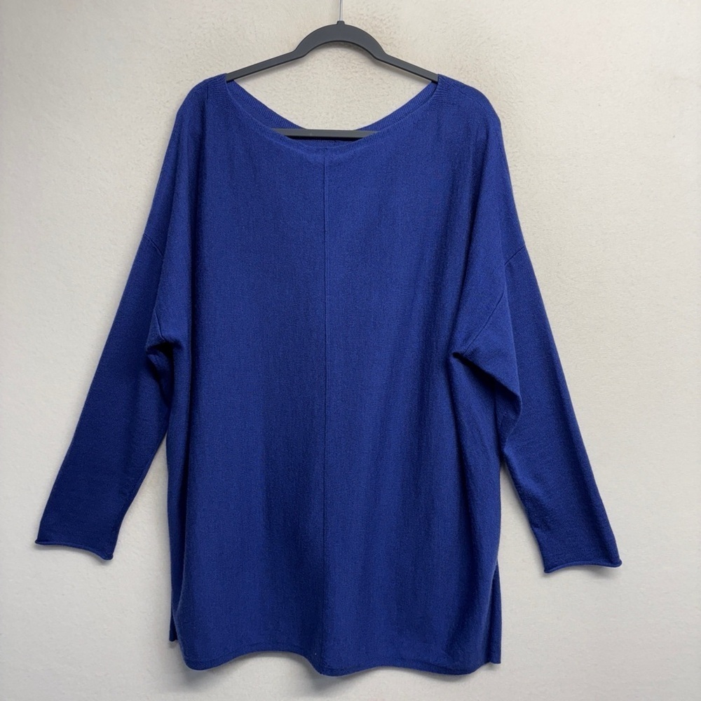 NWT Eileen Fisher Bateau Neck Box Top 100% Merino Wool 2X Blue Tunic Step Hem - Picture 2 of 7